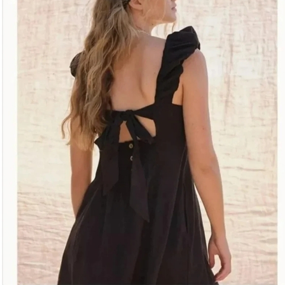Free People Bom Bom Island Ruffle Mini Dress Cotton Linen Black Womens‎ Size SP - Picture 4 of 16